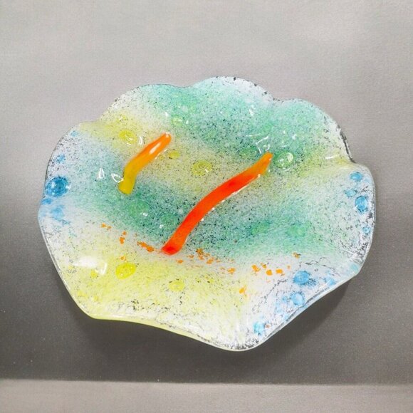 Hand Made Fused Art Glass Dish Plate Ruffled Edges Multicolor Glass Hand Crafted - Picture 3 of 16
